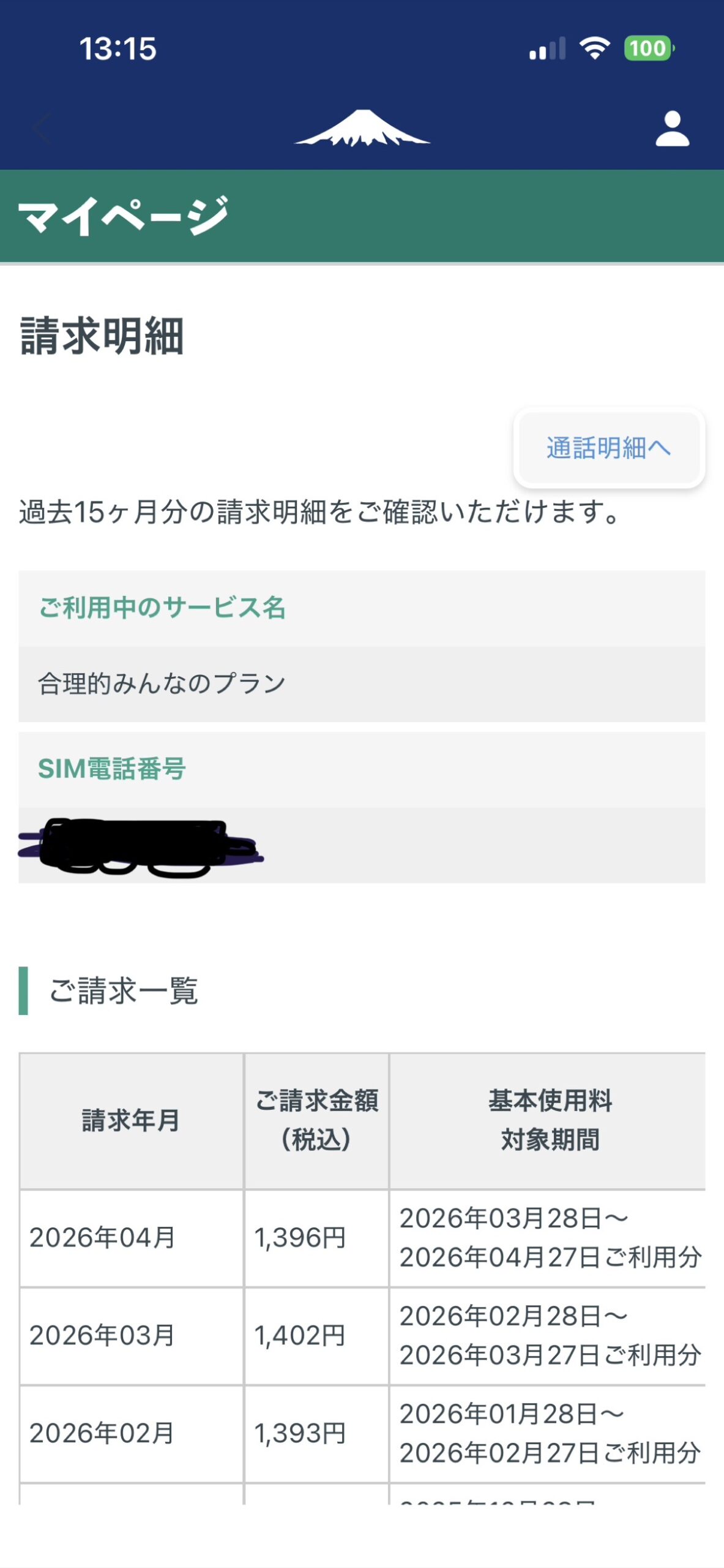 日本通信SIM 合理的みんなのプラン 請求明細(2026年4月:1,396円・3月:1,402円・2月:1,393円)