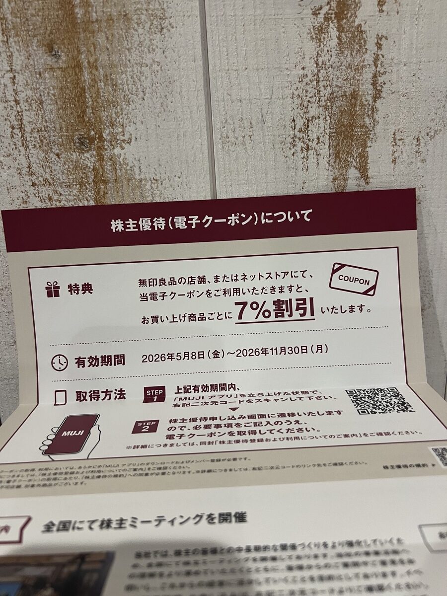 良品計画 株主優待 電子クーポンの内容説明。7%割引・有効期間2026年5月8日〜11月30日