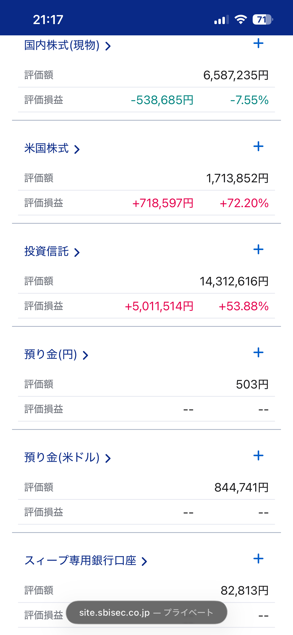 SBI証券 内訳 投信・国内株・米国株